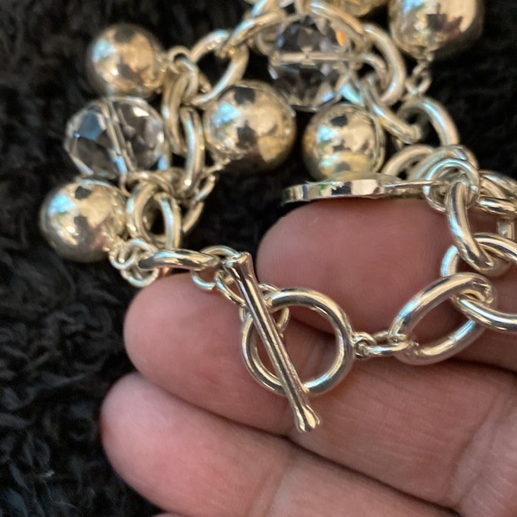 Chicos Silvertone Ball and Crystal Beaded Link Toggle Clasp Bracelet - Picture 6 of 7